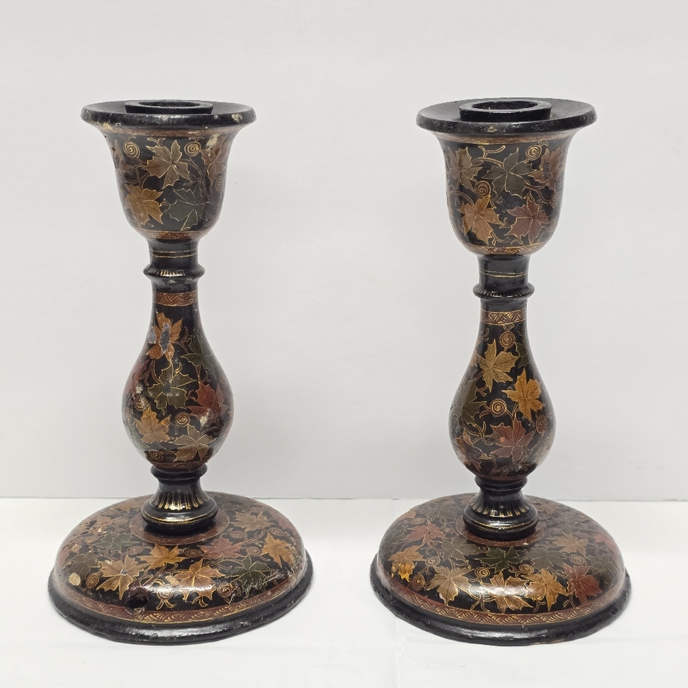 Antique Kashmiri Floral Handpainted Lacquered Candlestick / Lamp Base Set Of 2
